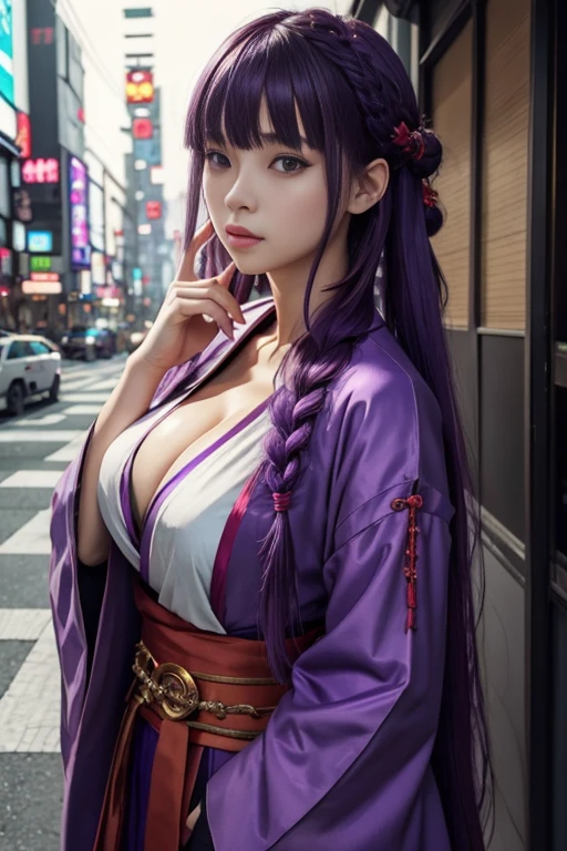 1girl, blunt bangs, braid, wide sleeves, hair ornament, japanese clothes, red obi, (purple hair:1.2), very long hair, straight hair, looking at viewer, highly detailed background, (photo realistic:1.2), detailed eyes, red eyeshadow, depth of field，thigh, (ulzzang-6500:0.7), upper body, (solo:1.2), (cyberpunk city:1.1), cleavage, (finger on lips:1.1),Shiny skin