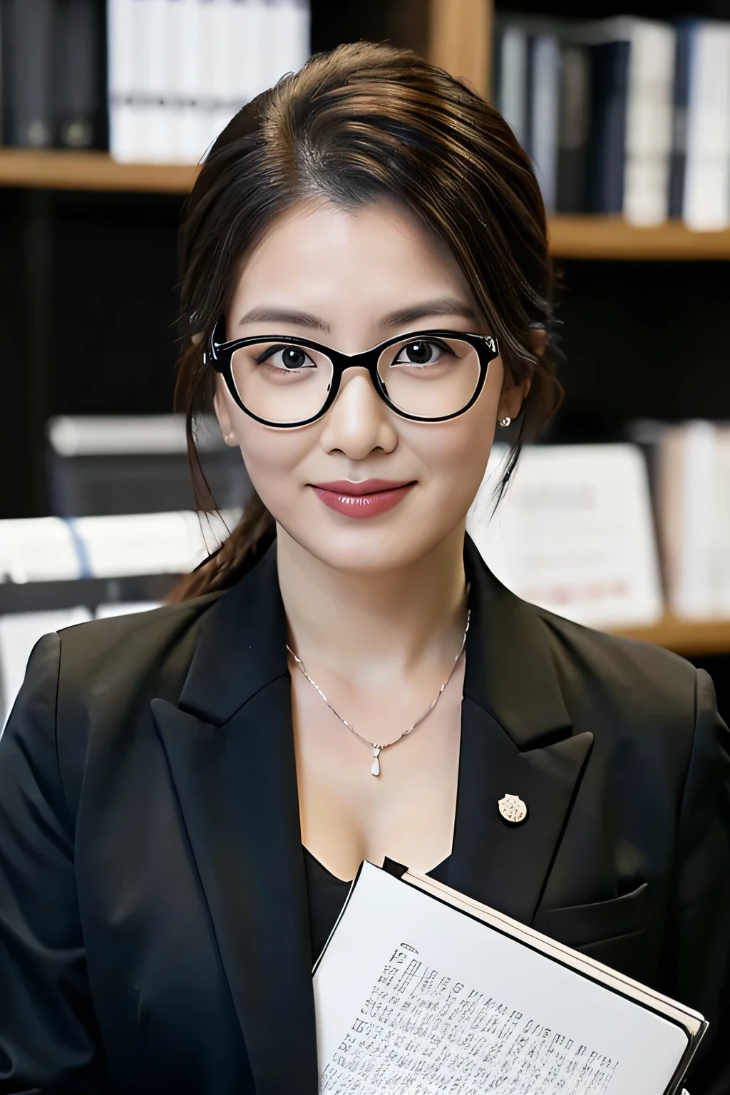 (top-quality,8K,masterpiece),
A curvaceous plump woman in a black skirt and white shirt holds a book and glasses,
Very beautiful face,(A detailed eye,Detailed lips,Detailed skin,lipgloss),
Colossal tits,Emphasizes cleavage,
Woman in black business suit, Wearing a strict business suit,
businesswoman, Woman in business suit, Girl in a suit, female in office dress, in suit with black glasses, Girl in suit, young businesswoman, in a business suit, business outfit, wearing a suit and glasses