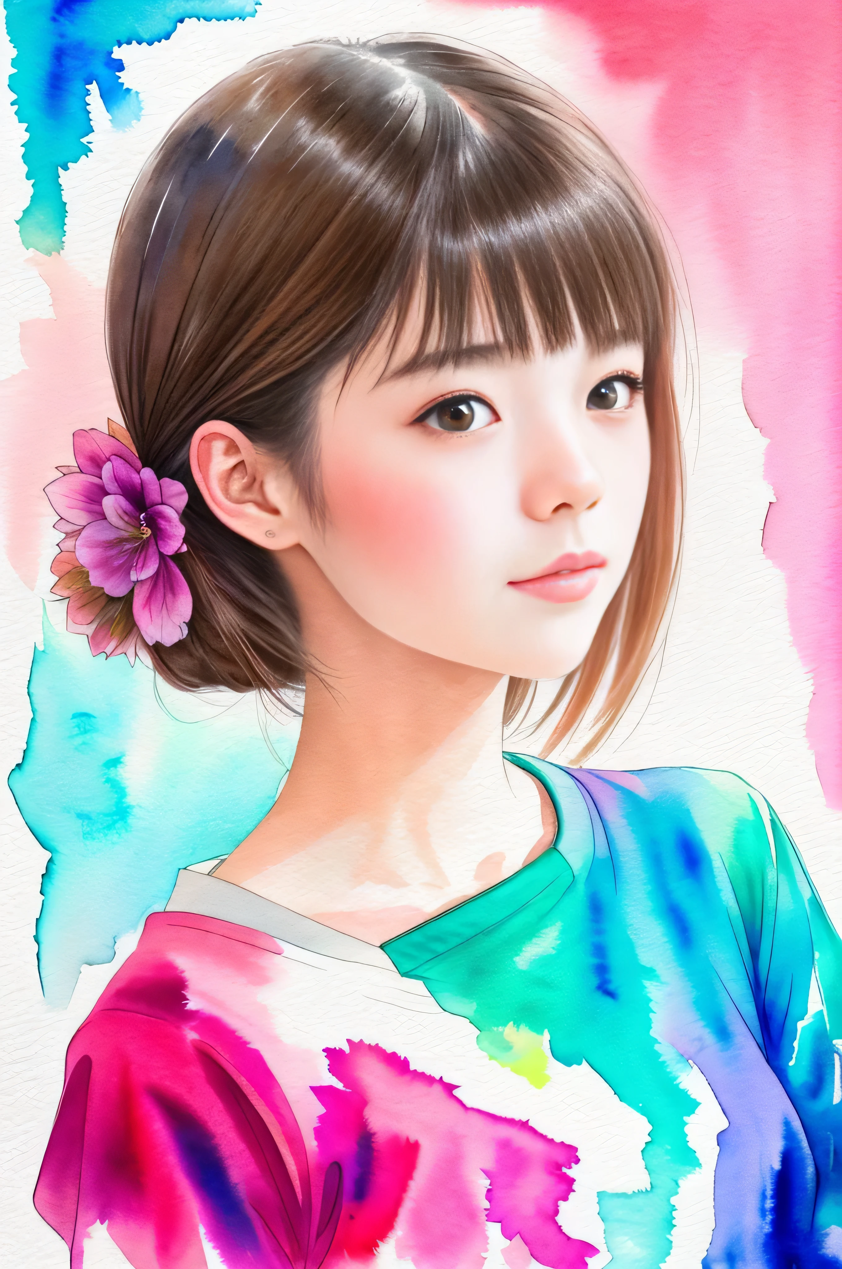 Watercolor style、japanes、a beauty girl、Portrait of a woman、Bright design、PastelColors、Ink Drop、pink there、Viola