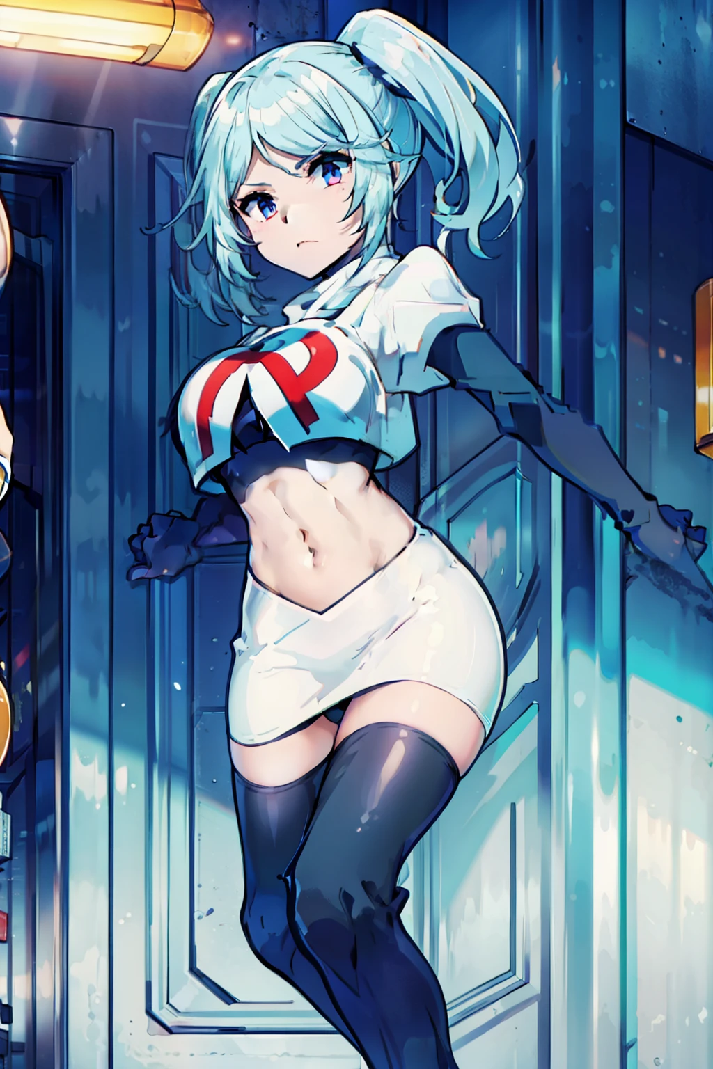 disqust, team rocket,team rocket uniform,white skirt,red letter R,crop top,black thigh-highs,black elbow gloves,