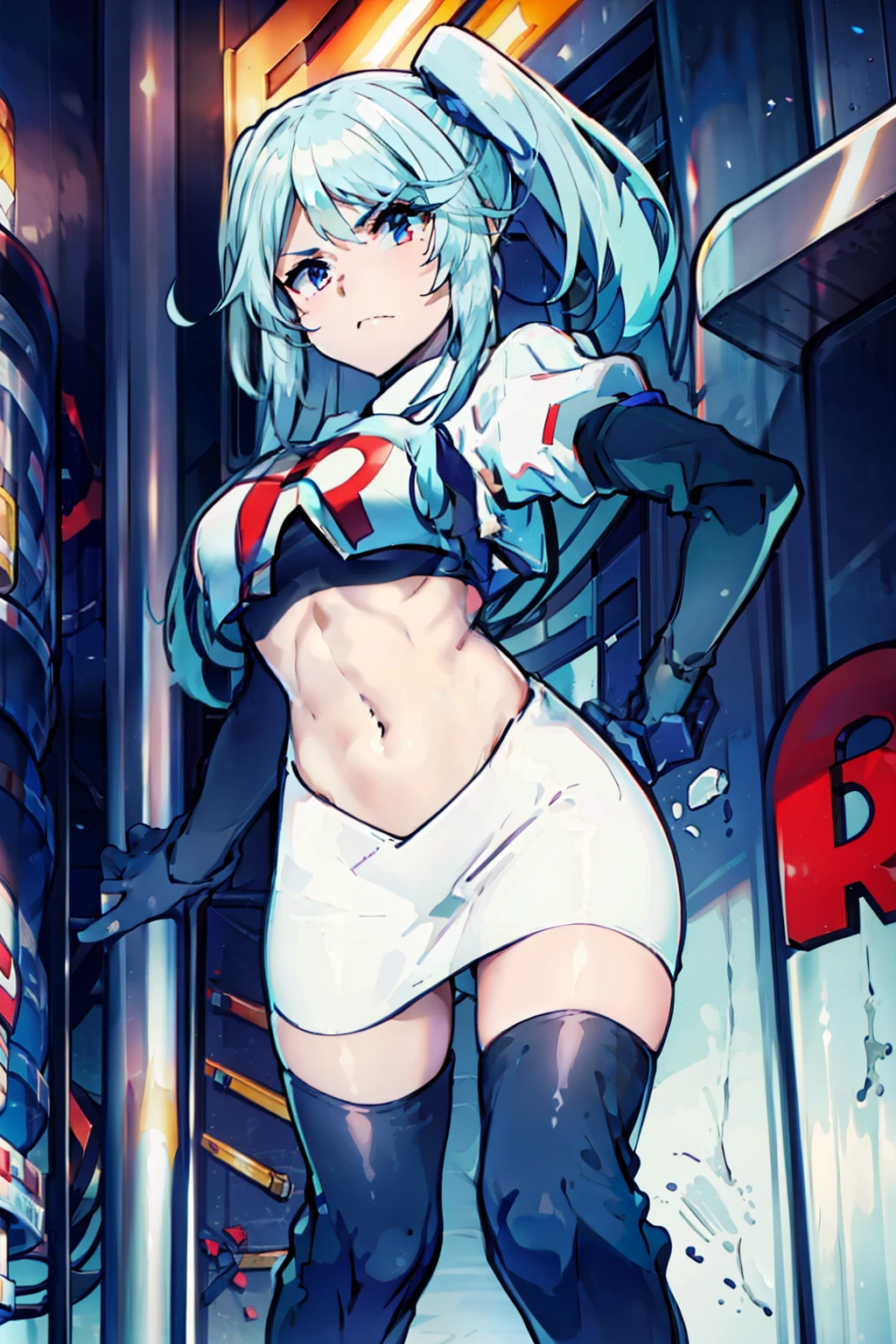 disqust, team rocket,team rocket uniform,white skirt,red letter R,crop top,black thigh-highs,black elbow gloves,