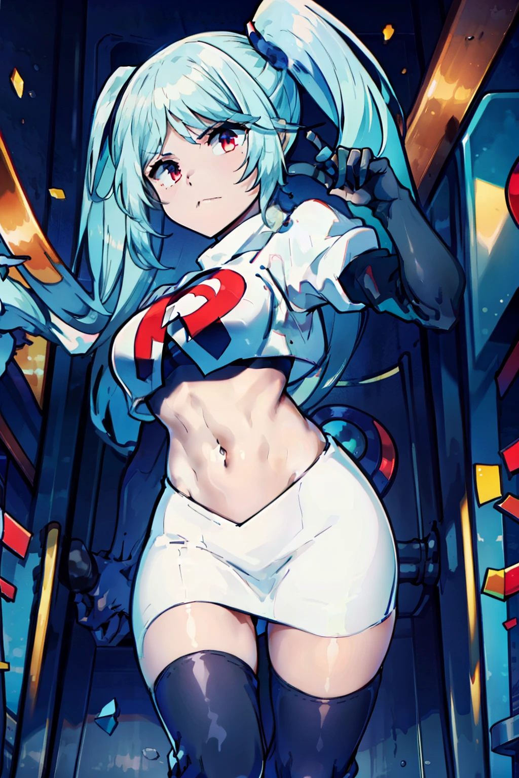 disqust, team rocket,team rocket uniform,white skirt,red letter R,crop top,black thigh-highs,black elbow gloves,