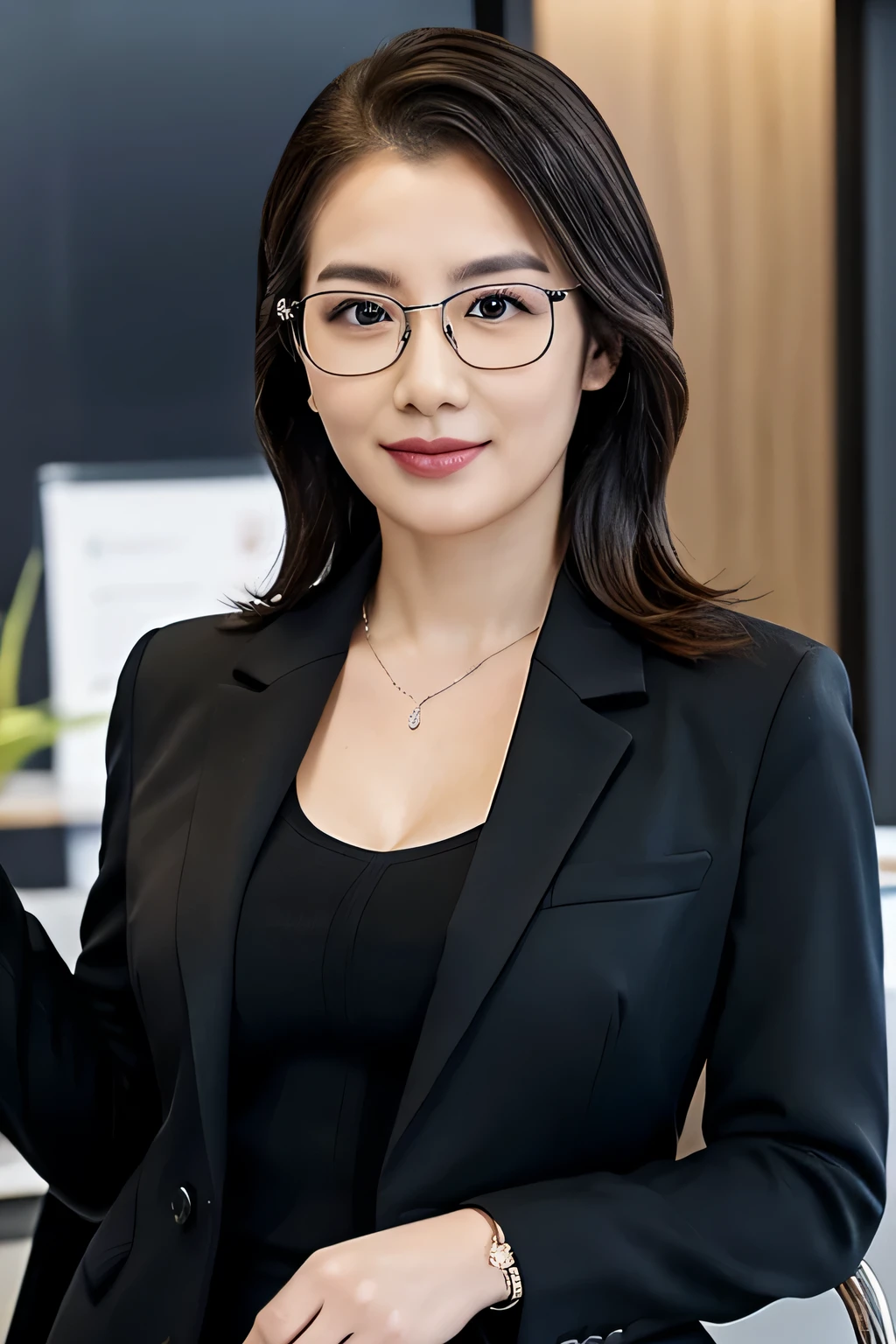 (top-quality,8K,​masterpiece),
A curvaceous plump woman in a black skirt and white shirt holds a book and glasses, 
Very beautiful face,(A detailed eye,Detailed lips,Detailed skin,lipgloss),
Colossal tits,Emphasizes cleavage,
Woman in black business suit, Wearing a strict business suit,
 businesswoman, Woman in business suit, Girl in a suit, female in office dress, suit and silver glasses, Girl in suit, young businesswoman, in a business suit, business outfit, wearing a suit and glasses