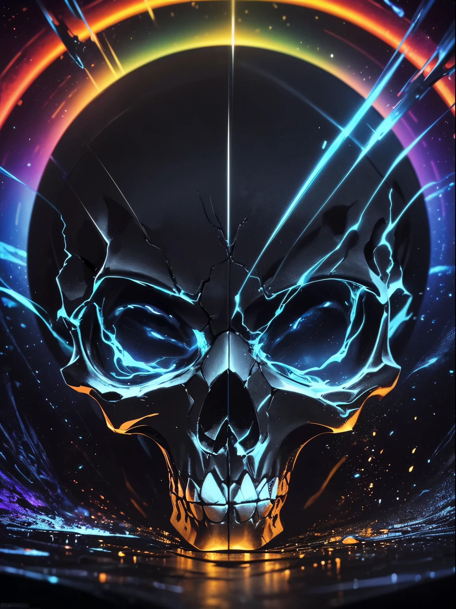 (Best quality at best,4K,A high resolution,tmasterpiece:1.2),ultra - detailed,actual:1.37,pixel sorted,with black background,polished silver skull,light composition,rainbowing,rainbowing around skull,Colorful,Domineering renderings of various structures,Brilliant circular composition,Alone