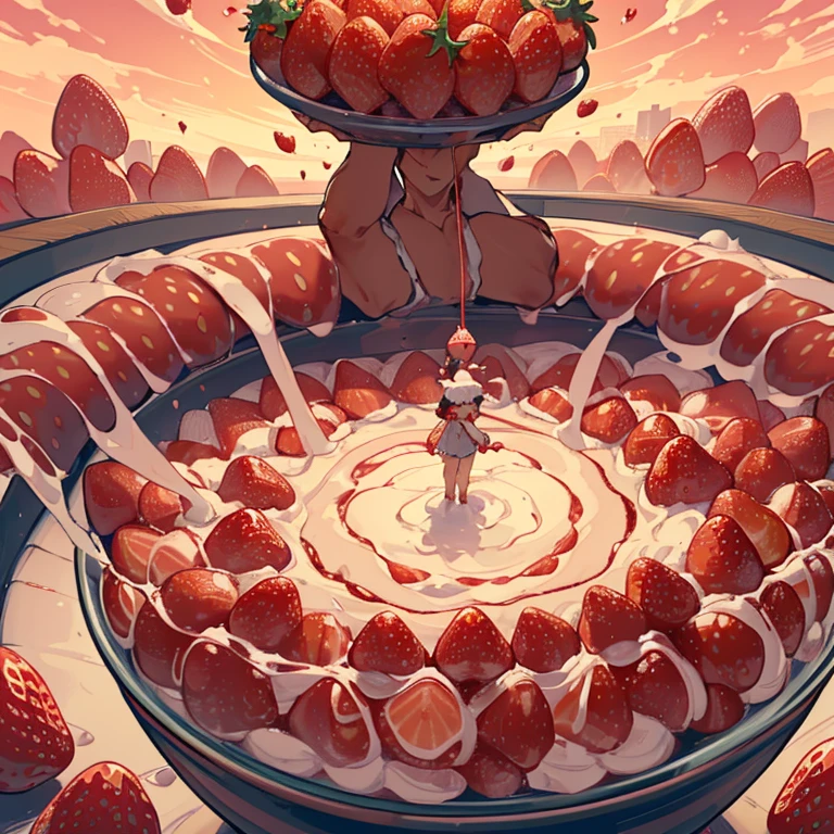 A pastry chef covered in strawberry parfait serving a giant strawberry、Amazing dynamism、Amazing Angle、Whirlpool sandstorm of unstable buoyancy、(((Many friendly giant strawberries float closely together and chase each other.)))。surround each other'giant strawberry、spirals