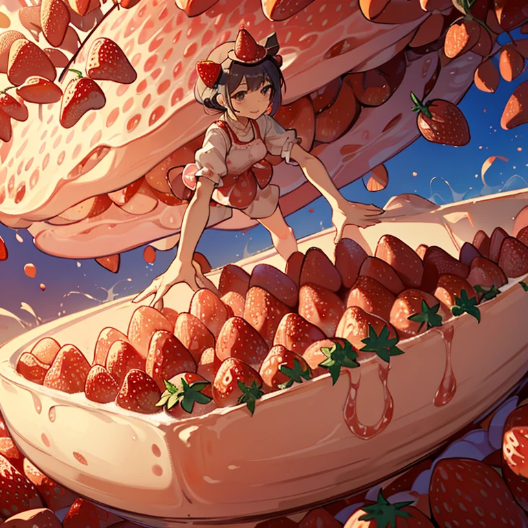 A pastry chef covered in strawberry parfait serving a giant strawberry、Amazing dynamism、Amazing Angle、Whirlpool sandstorm of unstable buoyancy、(((Many friendly giant strawberries float closely together and chase each other.)))。surround each other&#39;giant strawberry、spirals