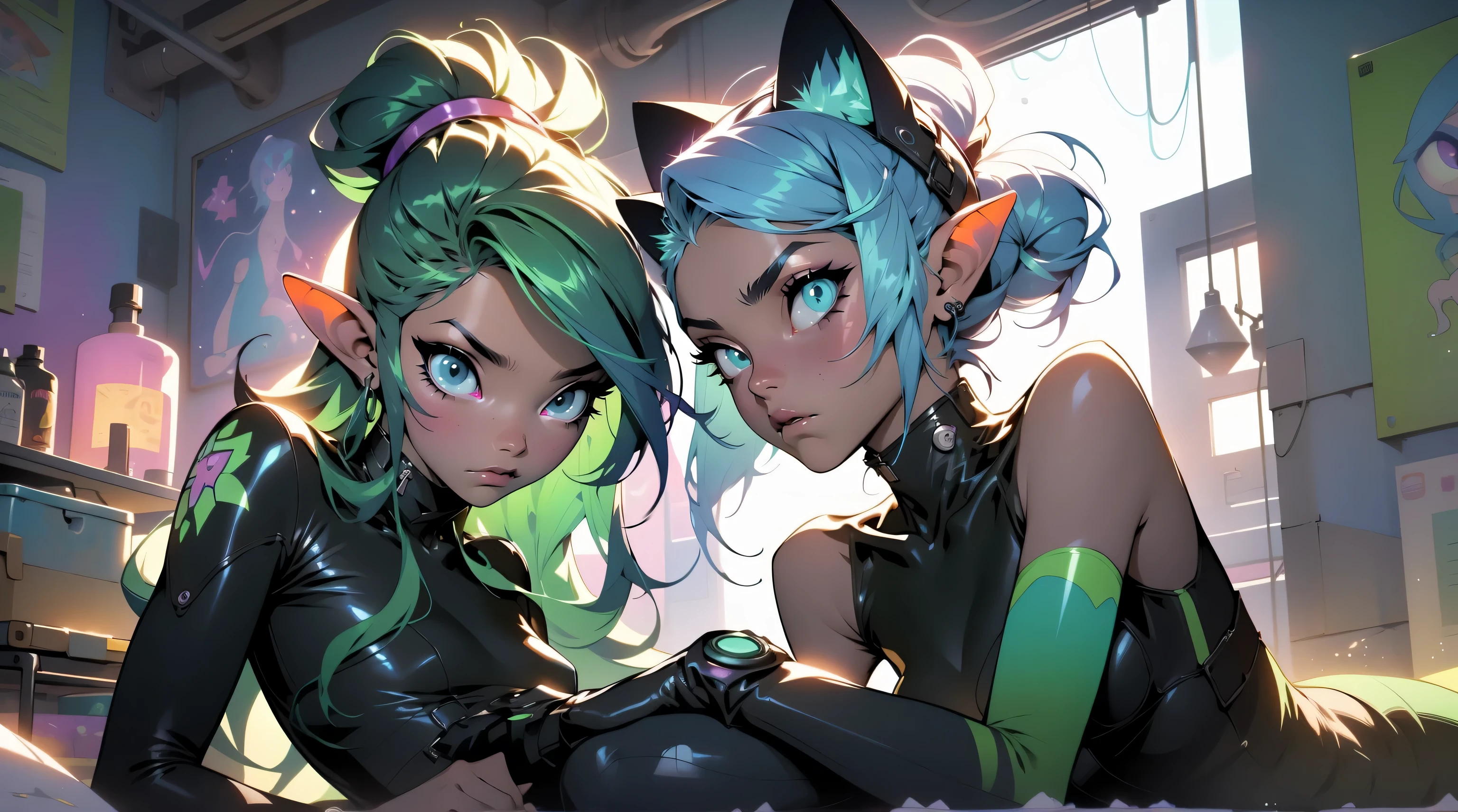 fractal sunset, infinite clouds, cute elf girl, 2 girls, extremely long neon light blue hair, cyber outfit, extreme abs, artistic style, cat ears, space tentacles, dramatic, nude, naked, no clothes, hugging, kissing, cosmic wonders, cute, transcedental magical space, beautiful girl, full body shot, spreading legs, cute face, extreme abs, skinny, perfect body, cat ears, elf, secret laboratory, genetic experiments, naked, nude, no clothes, cyberpunk, elf girl, cat ears, neon green hair, wings, electronic wings, cute face, city, lightning strike, dramatic, bikini, cyber robot companion sphere