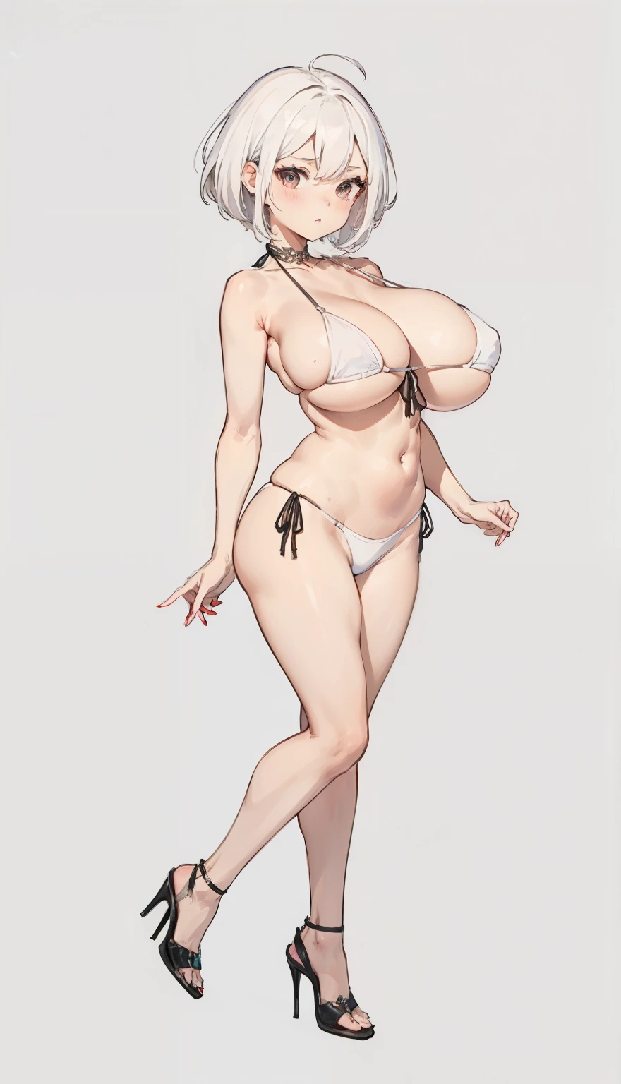 (big breasts, huge breasts, gigantic breasts), SFW, (short ((white hair))), (bikini), curvy, firm breasts, sexy pose, thin waist, small waist, full body, high heels, shortsta k