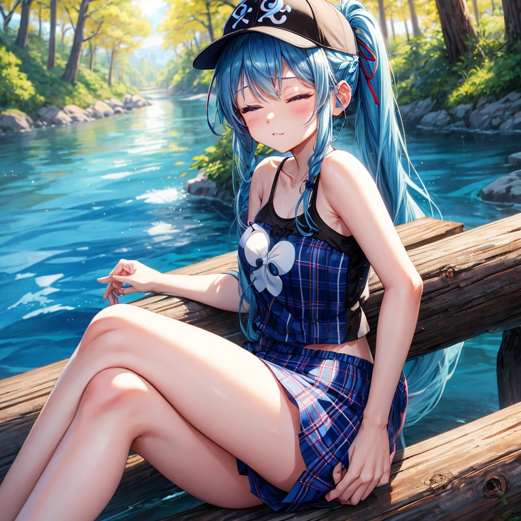 Blue hair、blue eyess、Braids、poneyTail、one good looking girl、独奏、animesque、Plaid miniskirt、Black T-shirt、camisole、the woods、sitting on、Wearing a plaid baseball cap、bare-legged、Tilting your face、log bridge、Doing the ribbon、have a twig、falls、Blue Topaz、Sunset sky、Wearing headphones、spirals、Eyes closed