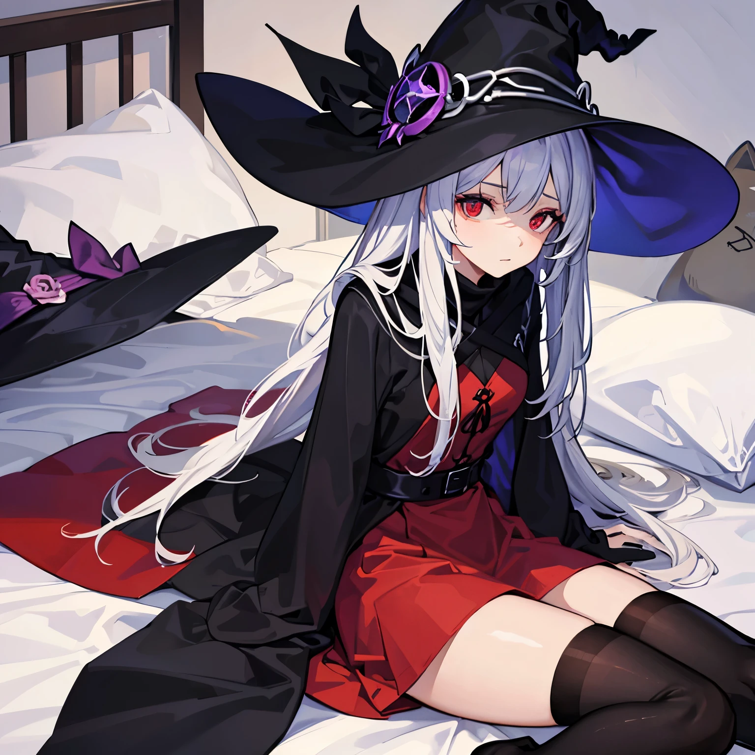 beautiful female witch, cabelos preto e longos, red eyes, Wearing witch's clothes,Lie down in bed， the shy，Wear black stockings