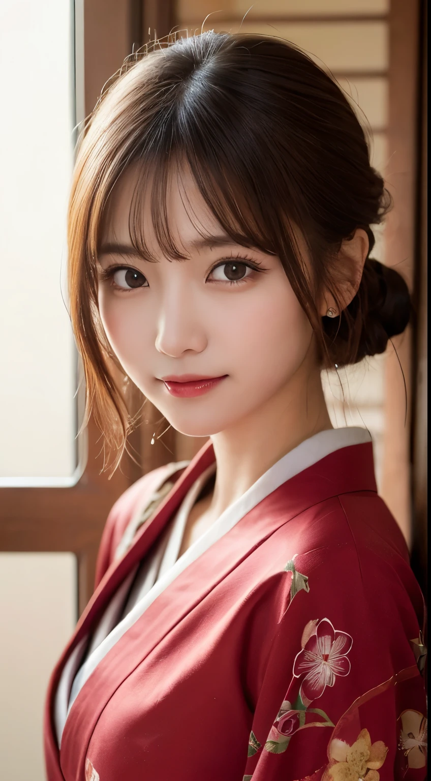 masutepiece, Best Quality, Illustration, Ultra-detailed, finely detail, hight resolution, 8K Wallpaper, Perfect dynamic composition, Beautiful detailed eyes, Wear a gorgeous red kimono,Medium Hair, Small breasts, Natural Color Lip,Smile,Luxury inn Japanese style room、20 years girl、beautifull detailed face、Perfect and beautiful face,Big eyes,Sit upright,Blur the background