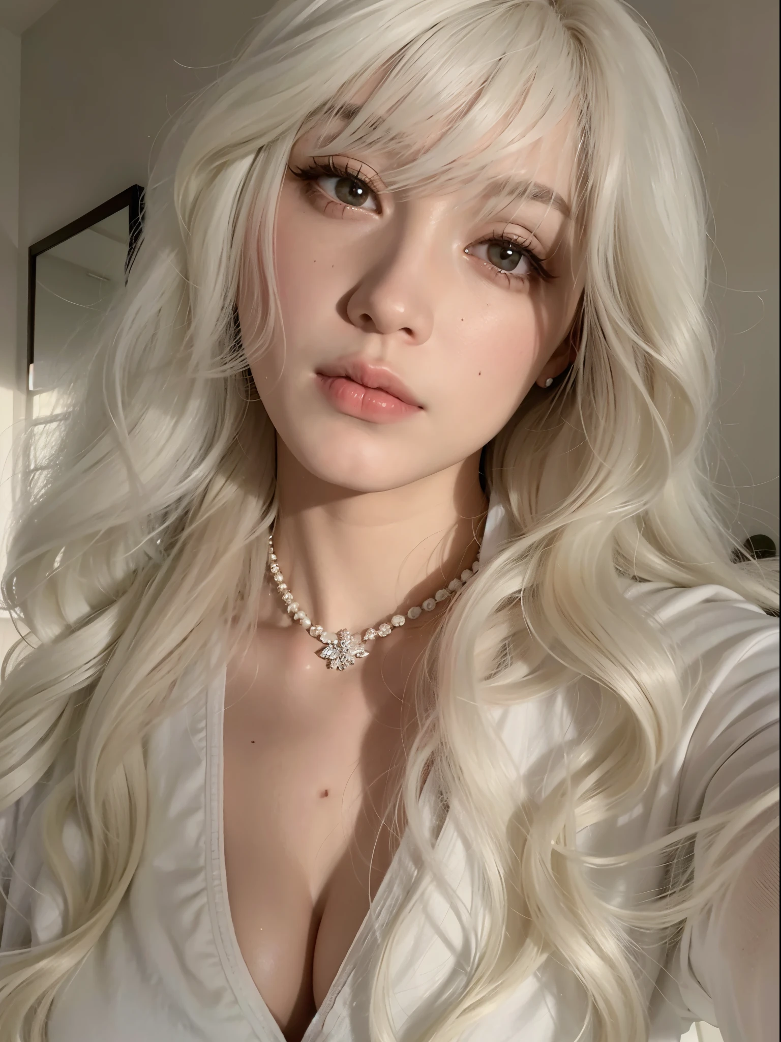 a close up of a woman con el pelo largo y blanco and a necklace, Cabello largo y blanco y flequillo, Chica perfecta de pelo blanco, con pelo largo blanco, flequillo blanco, Su cabello es blanco, Cabello blanco largo y ondulado, con el pelo largo y blanco, Cabello blanco rizado, Chica con el pelo blanco, cabello whitebangs cabello, extremely pale blond hair, cabello blanco ondulado desordenado
