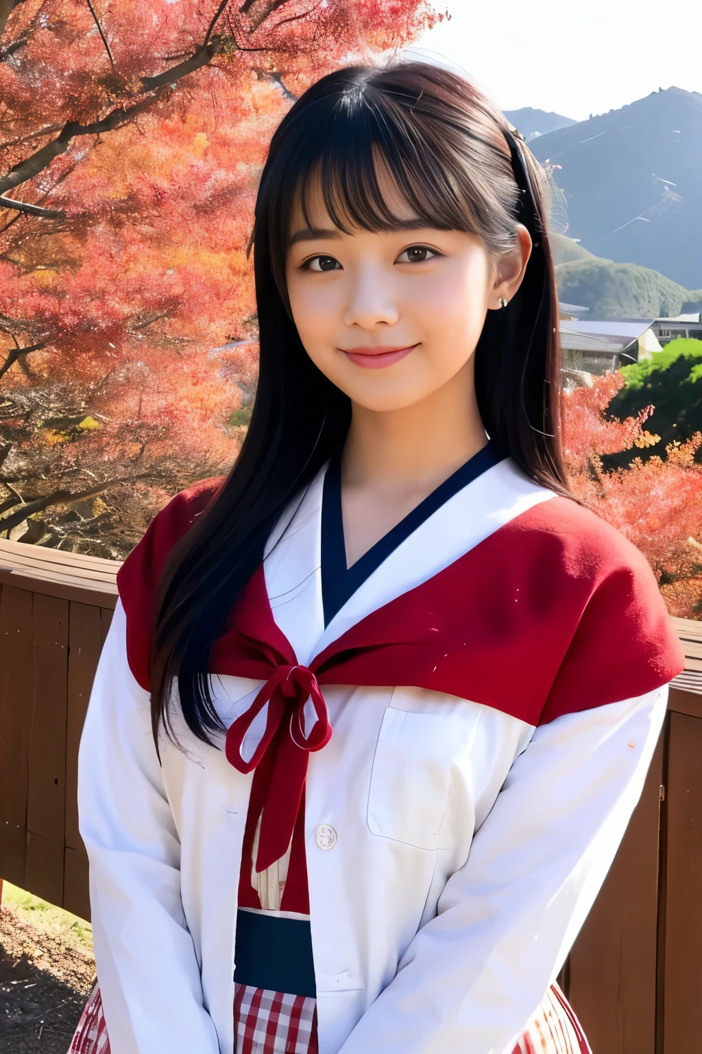 Please draw a beautiful young woman. Features smooth black hair that reaches to the shoulders. Hair is styled half up, Tie the top with a small ribbon. He has a kind expression and a warm smile.. Make your eyes and expression cool. Dressed in traditional Japanese uniforms based on red and white. Small breasts. In the background、Must include a soft blurred Japanese landscape with a torii gate, Visualize a bright daytime scene.