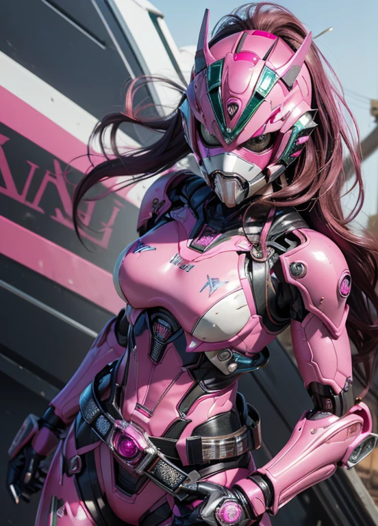 magenta pink paint、Textured skin, Super Detail, high details, High quality, Best Quality, hight resolution, 1080p, hard disk, Gorgeous beauty,(Kamen Rider),(mask off),(women's rideody suit,battle suits,Transformation Belt,Battle Mode,Metal,Transform into Kamen Rider,cyborgs