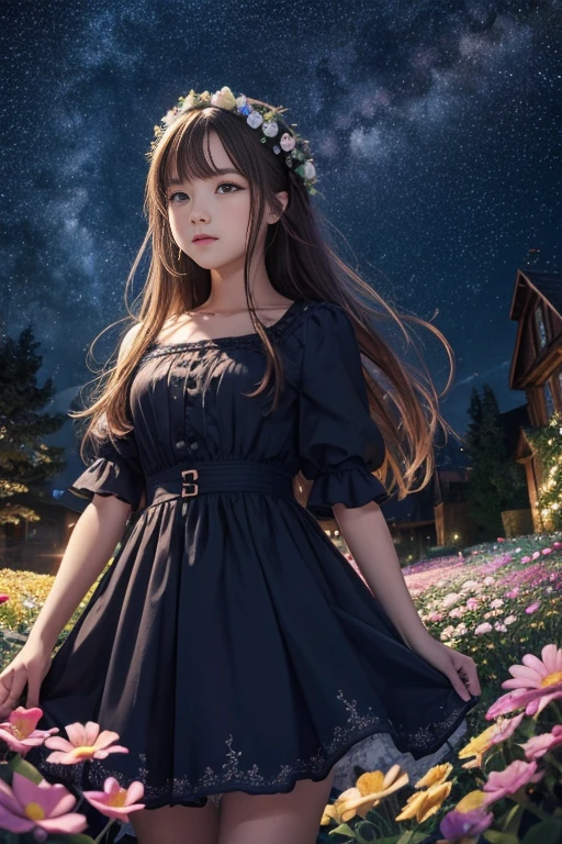 top quality, high_resolution, distinct_image, detailed background, girl, flower, garden, starry sky,