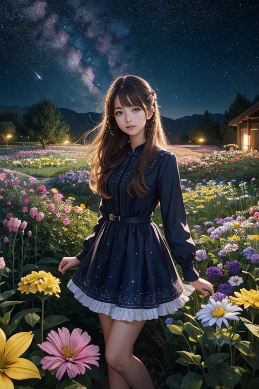 top quality, high_resolution, distinct_image, detailed background, girl, flower, garden, starry sky,