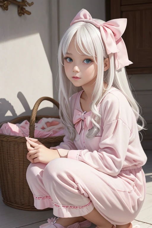 Masterpiece, best quality, super detailed, illustration, beautiful detailed eyes, close up, a girl. It is white hair, pink bow, white pajamas. Squat on the ground and rummage through the clothes basket