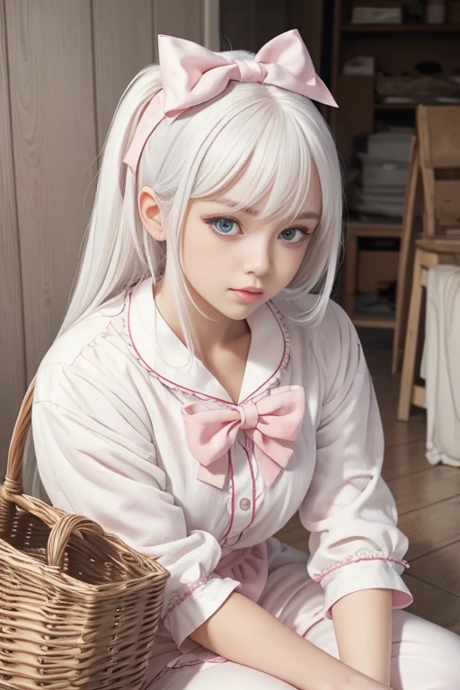 Masterpiece, best quality, super detailed, illustration, beautiful detailed eyes, close up, a girl. It is white hair, pink bow, white pajamas. Squat on the ground and rummage through the clothes basket