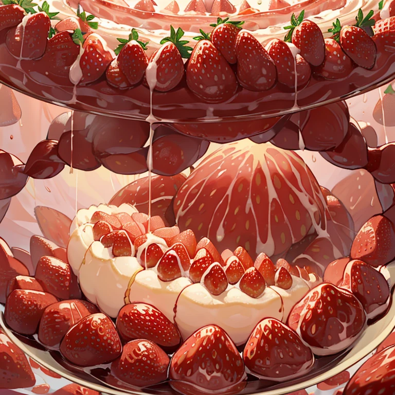 A pastry chef covered in strawberry parfait serving a giant strawberry、Amazing dynamism、Amazing Angle、Whirlpool sandstorm of unstable buoyancy、(((Many friendly giant strawberries float closely together and chase each other.)))。surround each other&#39;giant strawberry、strawberry spiral corridor