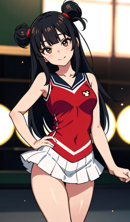 cheer girl,Little smile,cheer leading,cheer girl uniform, (((masutepiece))), (((Best Quality))), ((Ultra-detailed)), (Illustration), ((extremely delicate and beautiful)),(Bokeh,Blurry background),(Best Shadow), 1girl in,White panties, Black hair, Long hair, kawaii,kawaii系,Lori, Shine Highlight spots above the eyes, Character Focus,Head tilt,