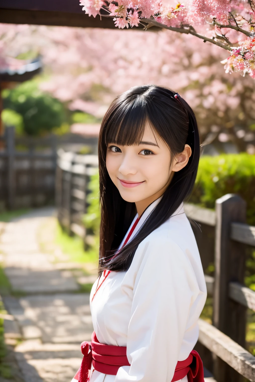 Please draw a beautiful young woman. Features smooth black hair that reaches to the shoulders. Hair is styled half up, Tie the top with a small ribbon. He has a kind expression and a warm smile.. Make your eyes and expression cool. Dressed in traditional Japanese uniforms based on red and white. Small breasts. In the background、Must include a soft blurred Japanese landscape with a torii gate, Visualize a bright daytime scene.