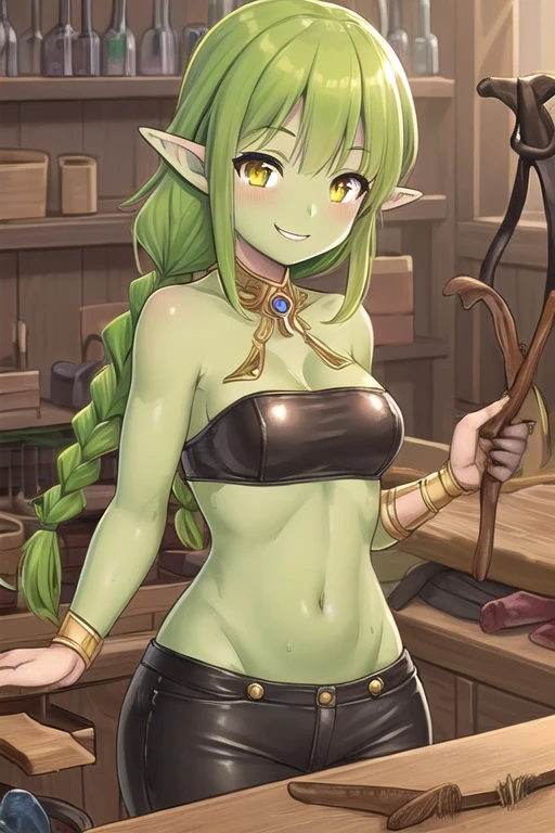 masterpiece, best quality, ultra-detailed, 1 girl, goblin girl, female goblin, goblin, 1girl, (green skin), long pointy ears, makima, Green hair, long braided hair, golden eyes, bangs, medium breasts, smile, (lworking in the leather shop)