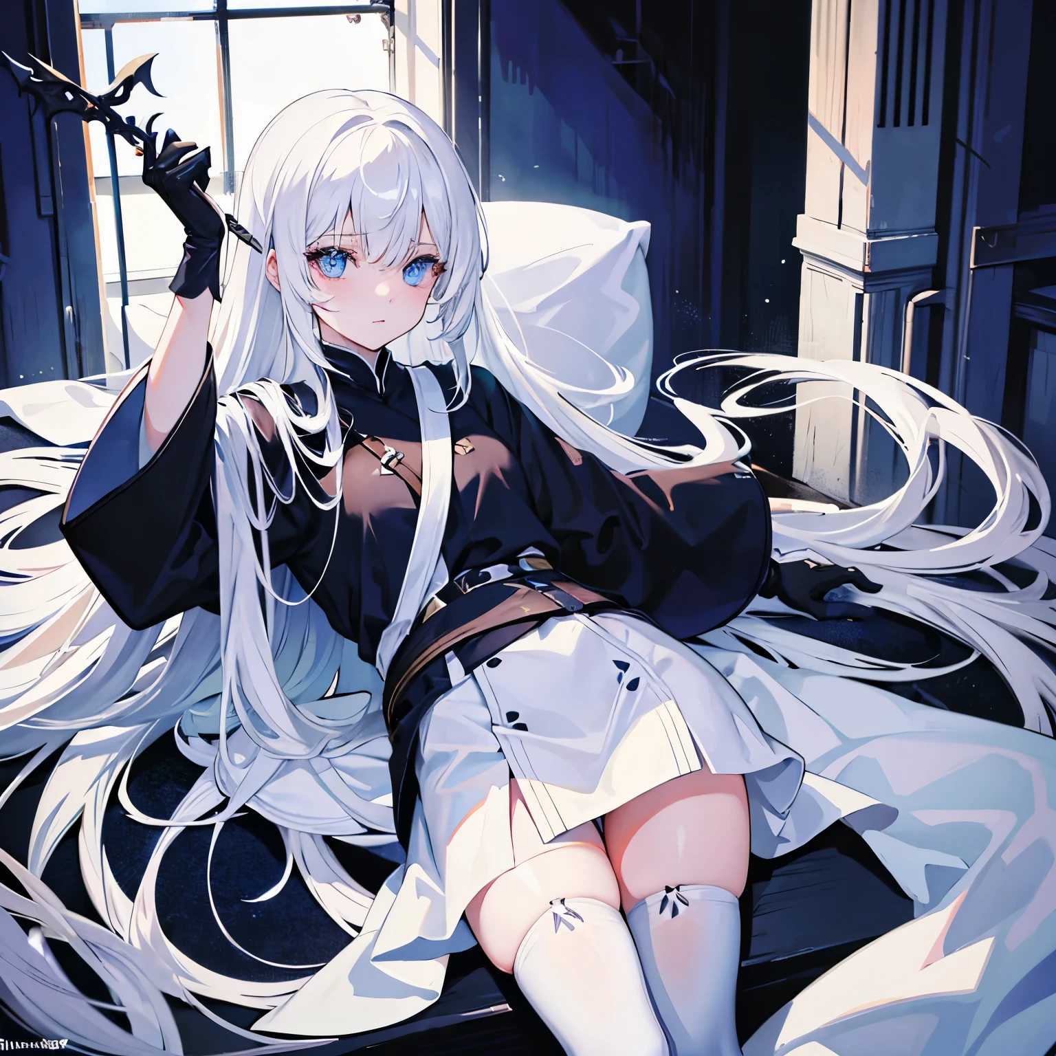 That girl’s profession is a warrior. She has long white hair, Wearing a white robe, and black stockings. She has blue eyes and is shy