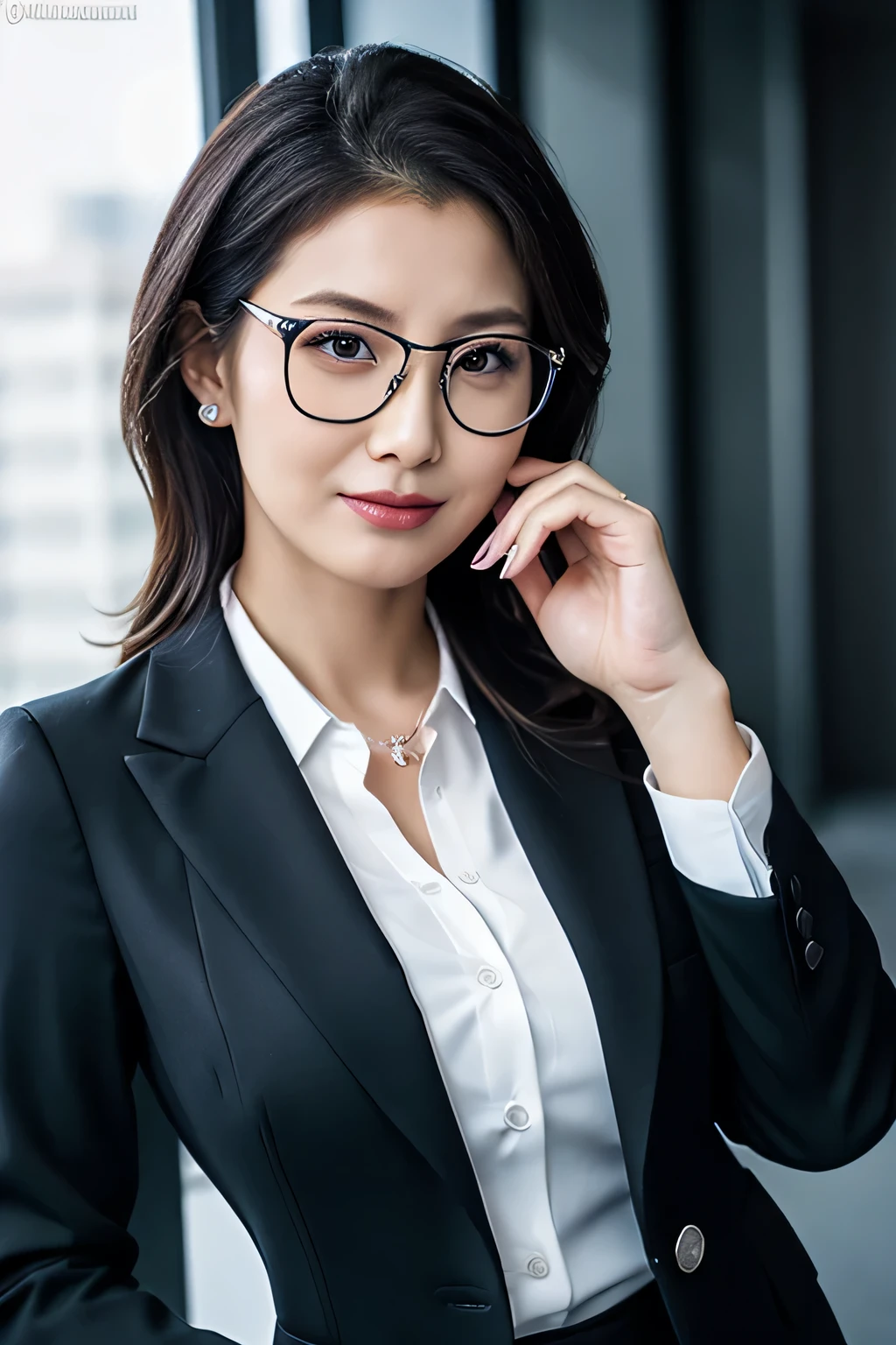 (top-quality,8K,masterpiece),
A slender woman in a black skirt and white shirt holds a book and glasses,
Very beautiful face,(A detailed eye,Detailed lips,Detailed skin,lipgloss),
Colossal tits,Emphasizes cleavage,
Woman in black business suit, Wearing a strict business suit,
businesswoman, Woman in business suit, Girl in a suit, female in office dress, suit and silver glasses, Girl in suit, young businesswoman, in a business suit, business outfit, wearing a suit and glasses,Colossal tits,