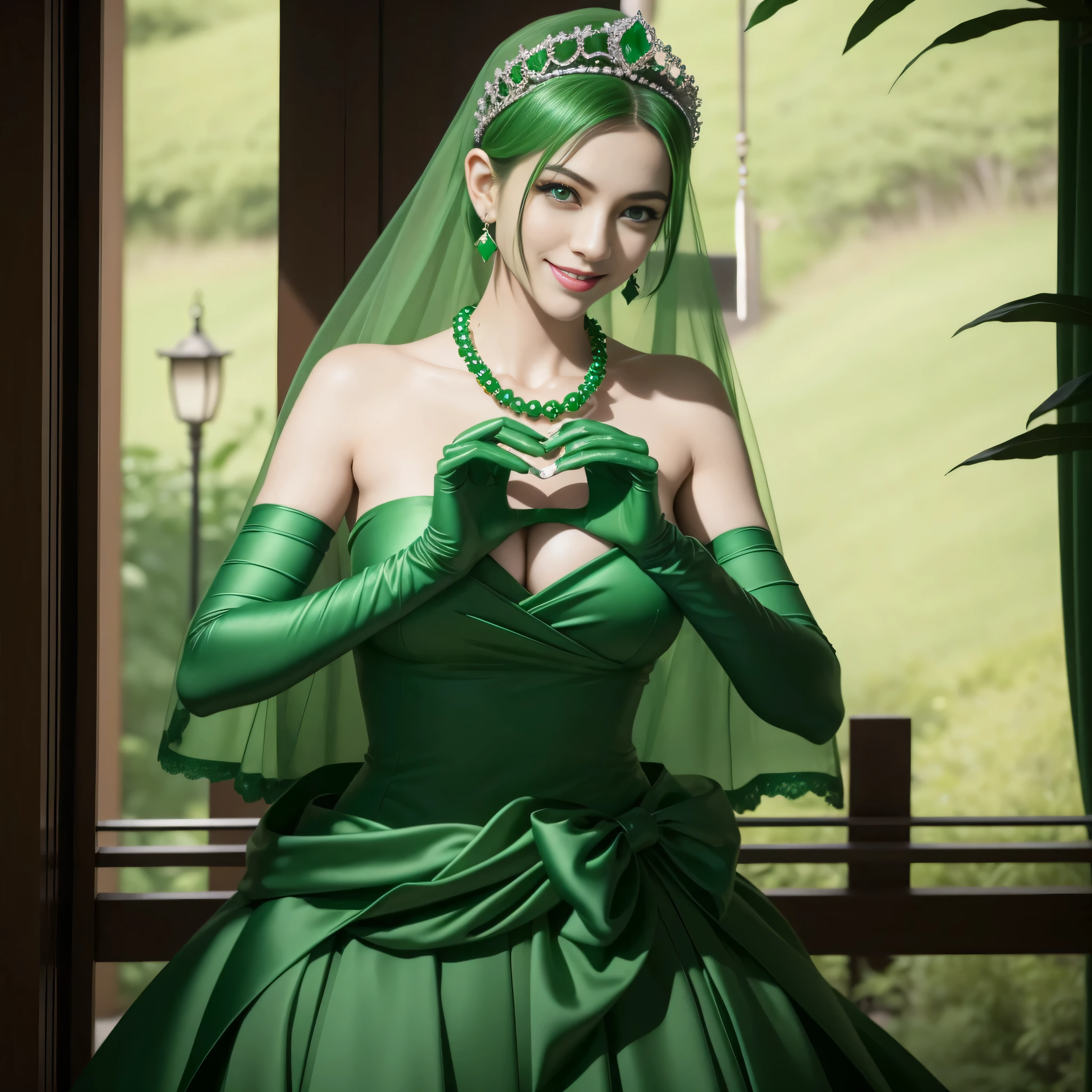 emerald tiara, Green Pearl Necklace, Boyish very short green hair, lipsticks, Japan woman smiling, very short short hair, big breasts beautiful, Green eyes, Long green gloves made of satin material, Green eyes, Emerald Earrings, green vale, 両Heart in the hand, Heart in the hand