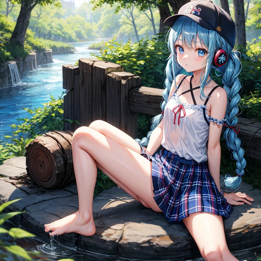 Blue hair、blue eyess、Braids、poneyTail、one good looking girl、独奏、animesque、Plaid miniskirt、Black T-shirt、camisole、the woods、sitting on、Wearing a plaid baseball cap、bare-legged、Tilting your face、log bridge、Doing the ribbon、have a twig、falls、Blue Topaz、Sunset sky、Wearing headphones、spirals