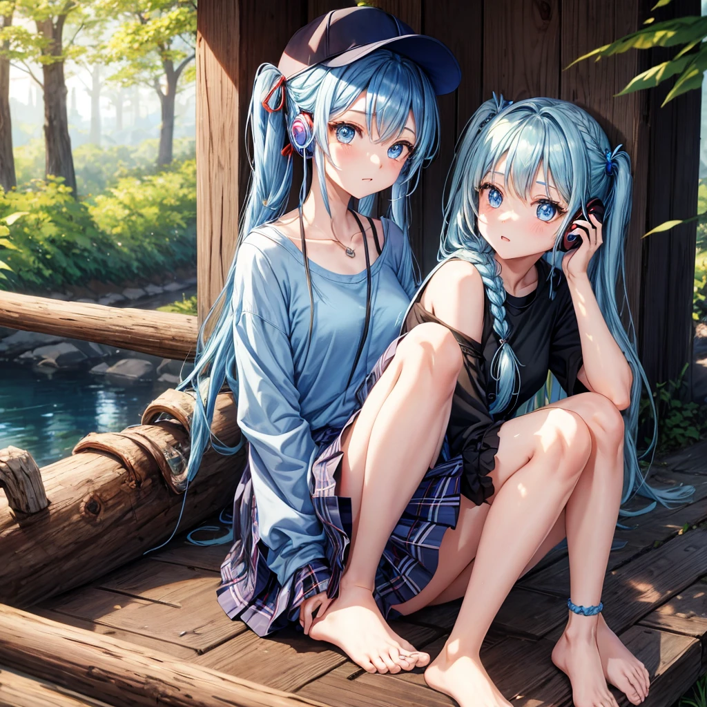 Blue hair、blue eyess、Braids、poneyTail、one good looking girl、独奏、animesque、Plaid miniskirt、Black T-shirt、camisole、the woods、sitting on、Wearing a plaid baseball cap、bare-legged、Tilting your face、log bridge、Doing the ribbon、have a twig、falls、Blue Topaz、Sunset sky、Wearing headphones、spirals
