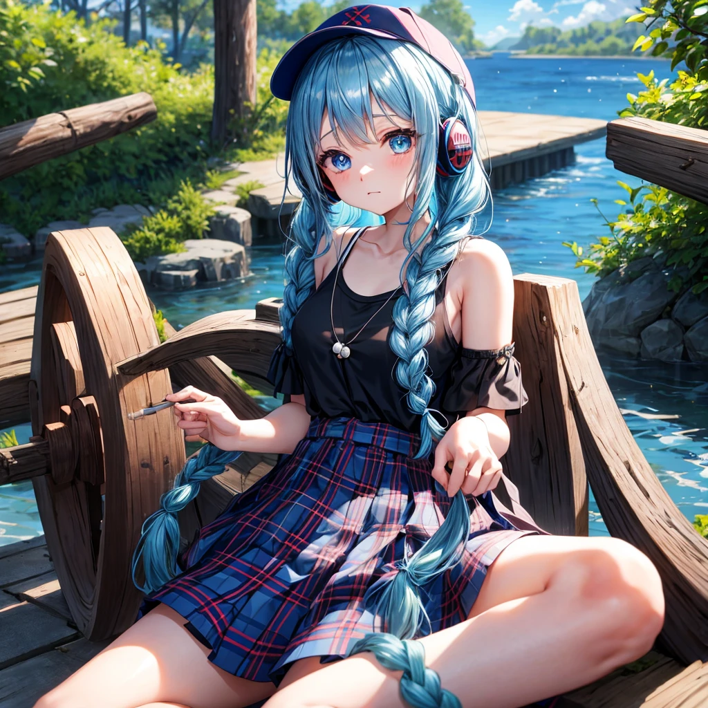 Blue hair、blue eyess、Braids、poneyTail、one good looking girl、独奏、animesque、Plaid miniskirt、Black T-shirt、camisole、the woods、sitting on、Wearing a plaid baseball cap、bare-legged、Tilting your face、log bridge、Doing the ribbon、have a twig、falls、Blue Topaz、Sunset sky、Wearing headphones、spirals
