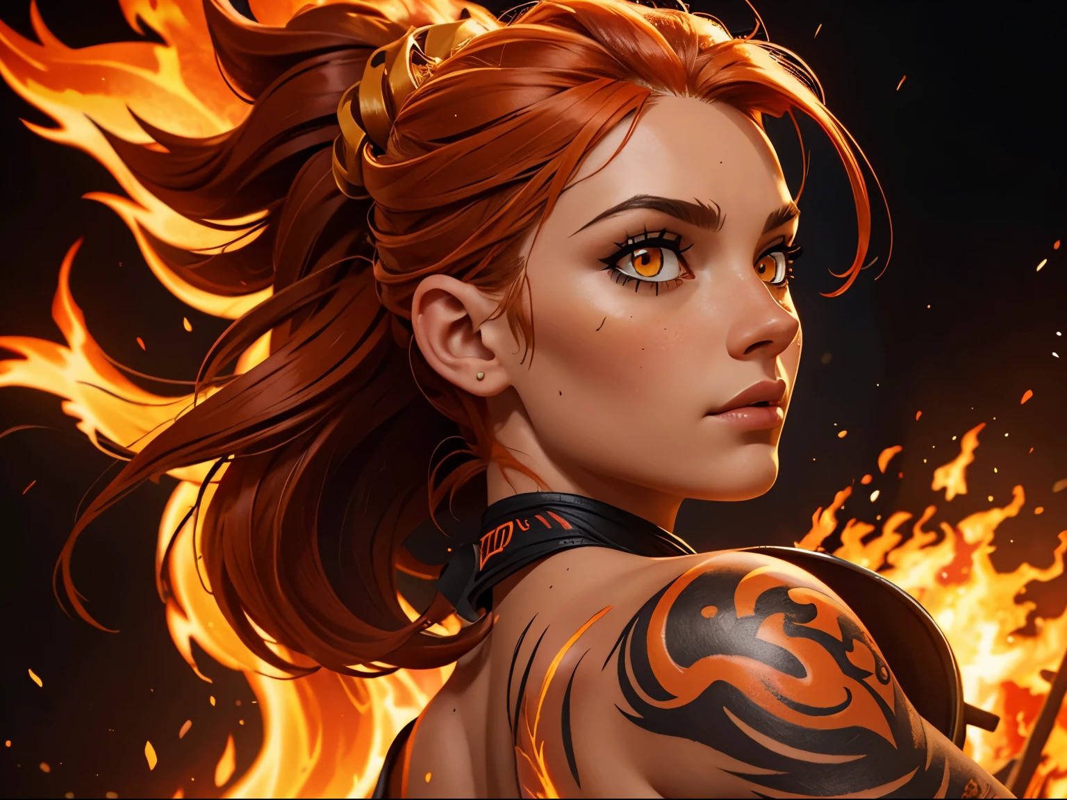 (best quality) (close up) girl with fire for hair that flows over and down her back looking over her shoulder, (pyro) yellow and dark orange eyes of fire intensely staring, fire tattoos on her face, fire tattoos, tattoos, firenado, fire tornado in background, HDR, 4K, Ultra high detail, 3D, 3D animation