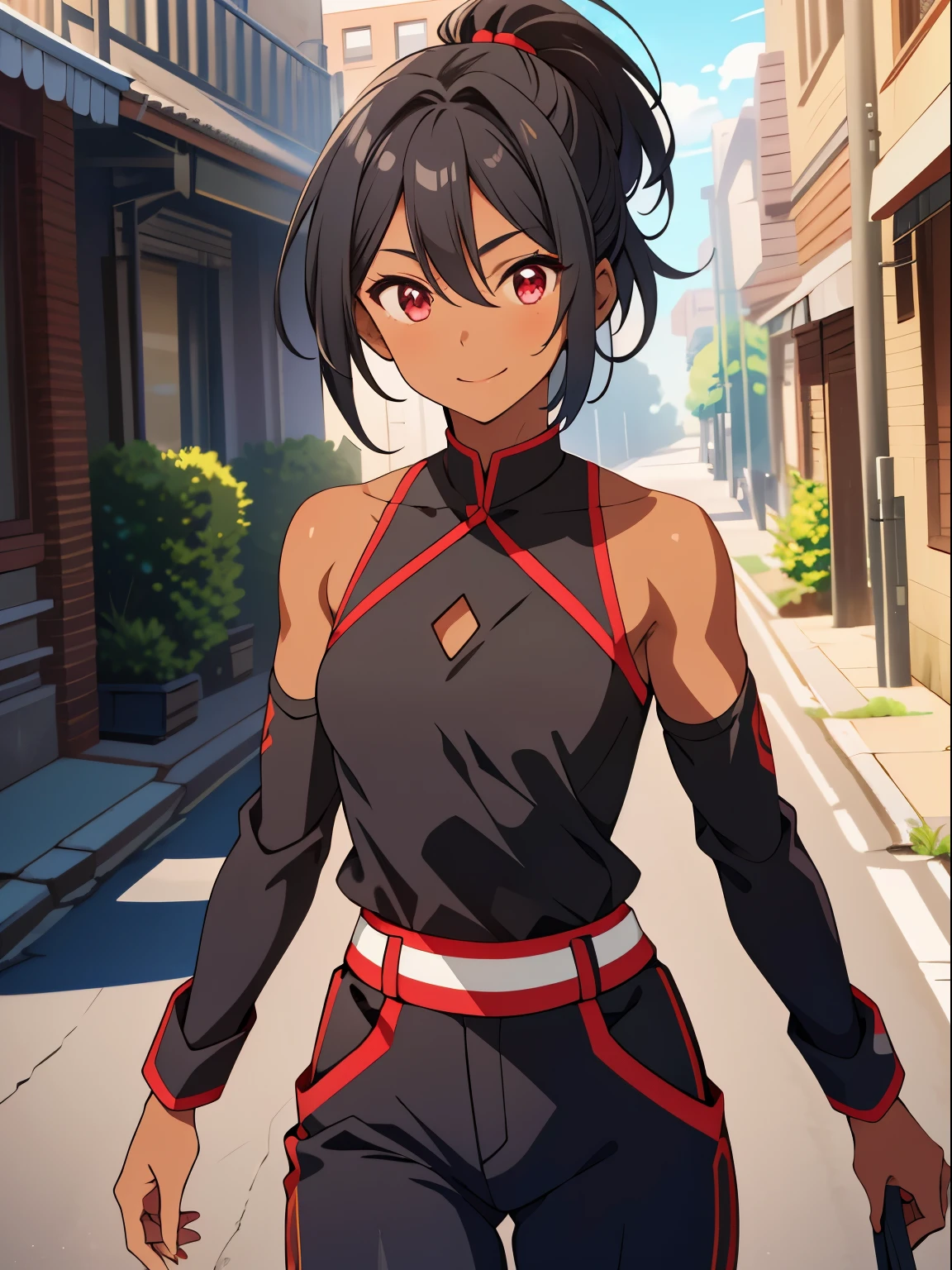dreamy, (masterpiece), best quality, ( appearance), 1girl, Black short hair, amazing, beautiful detailed eyes, red eyes, fine details, depth of field, extremely detailed CG, ((Black skin)), black shirt, black pants, Red sleeves , small breasts, muscular girl, korra, dark skin, dark-skinned female, ponytail, hair tubes, short hair, bare shoulders, perfect anatomy, perfect hands, 1girl, solo,(high detailed skin:1.2), beautiful (skinny:0.8), (black skin:0.2), Looking at viewer, street background , Waving, smiling, Stop