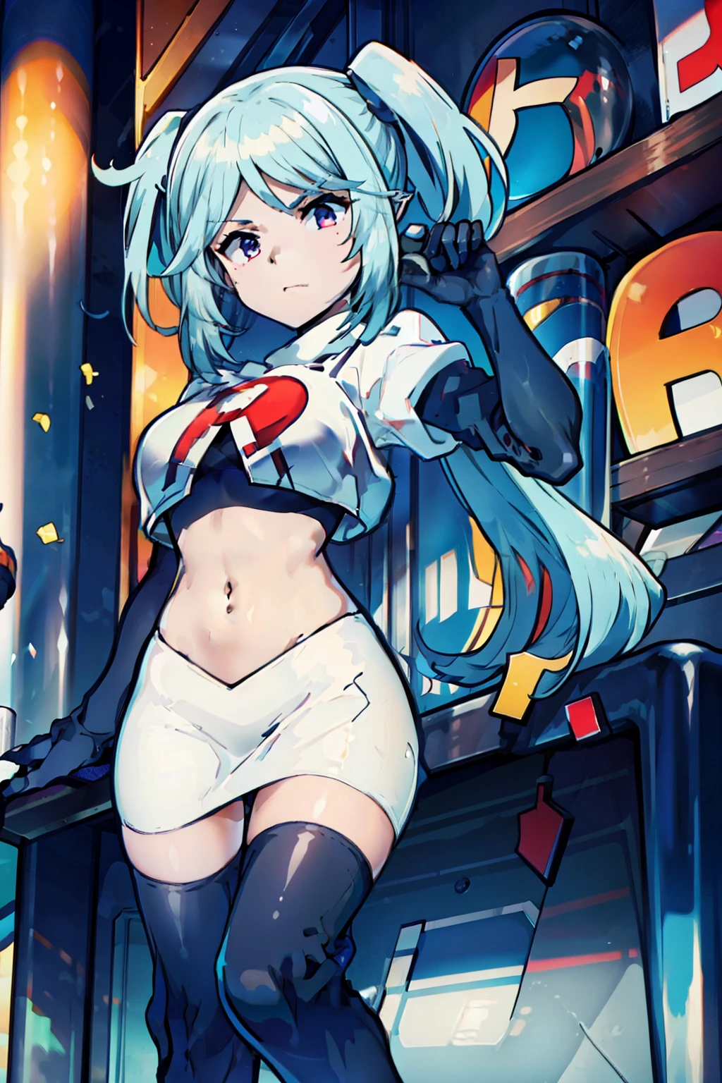 disqust, team rocket,team rocket uniform,white skirt,red letter R,crop top,black thigh-highs,black elbow gloves,