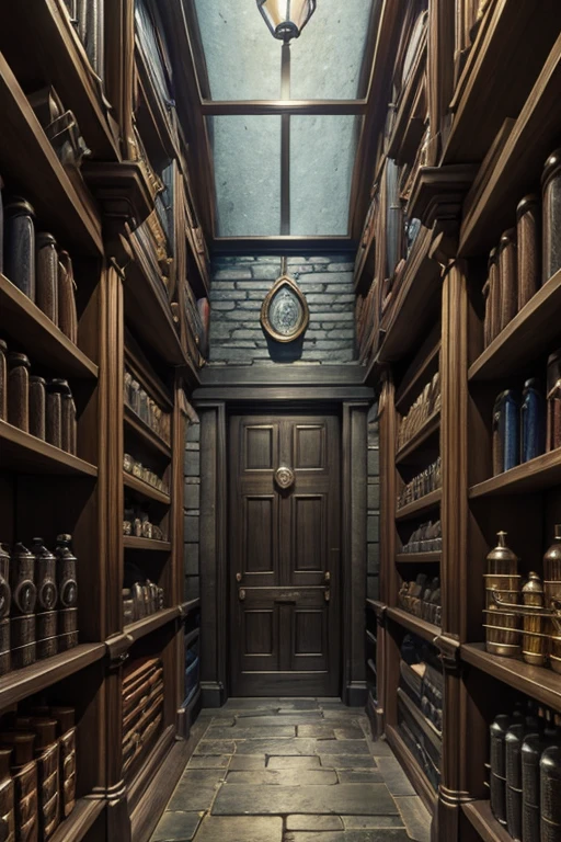 historical setting magic store inside, front view, harry potter, DIAGON ALLEY, showcase, textured, maximum detail, peltate plate, no people, Highest quality, masterpiece, magic potion, Mythological creatures