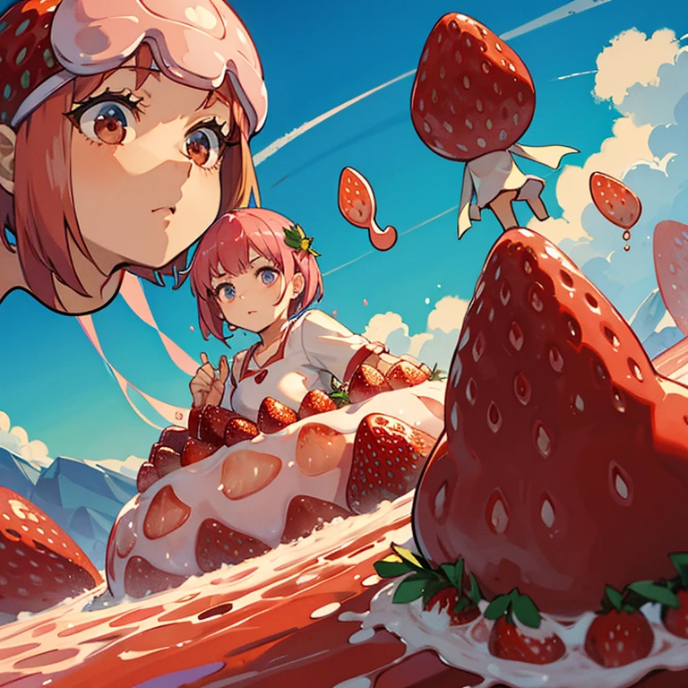 A pastry chef covered in strawberry parfait serving a giant strawberry、Amazing dynamism、Amazing Angle、Whirlpool sandstorm of unstable buoyancy、(((Many friendly giant strawberries float closely together and chase each other.)))。surround each other&#39;giant strawberry、strawberry spiral