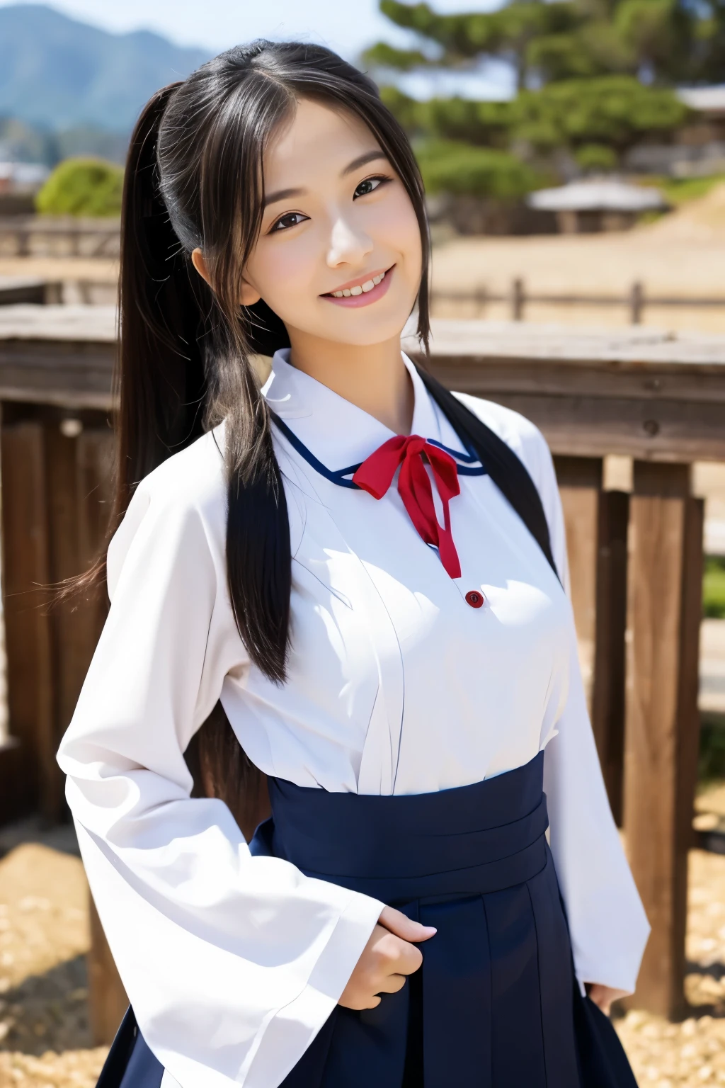 Please draw a beautiful young woman. Features smooth black hair that reaches to the shoulders. Hair is styled half up, Tie the top with a small ribbon. He has a kind expression and a warm smile.. Make your eyes and expression cool. Dressed in traditional Japanese uniforms based on red and white. Small breasts. In the background、Must include a soft blurred Japanese landscape with a torii gate, Visualize a bright daytime scene.