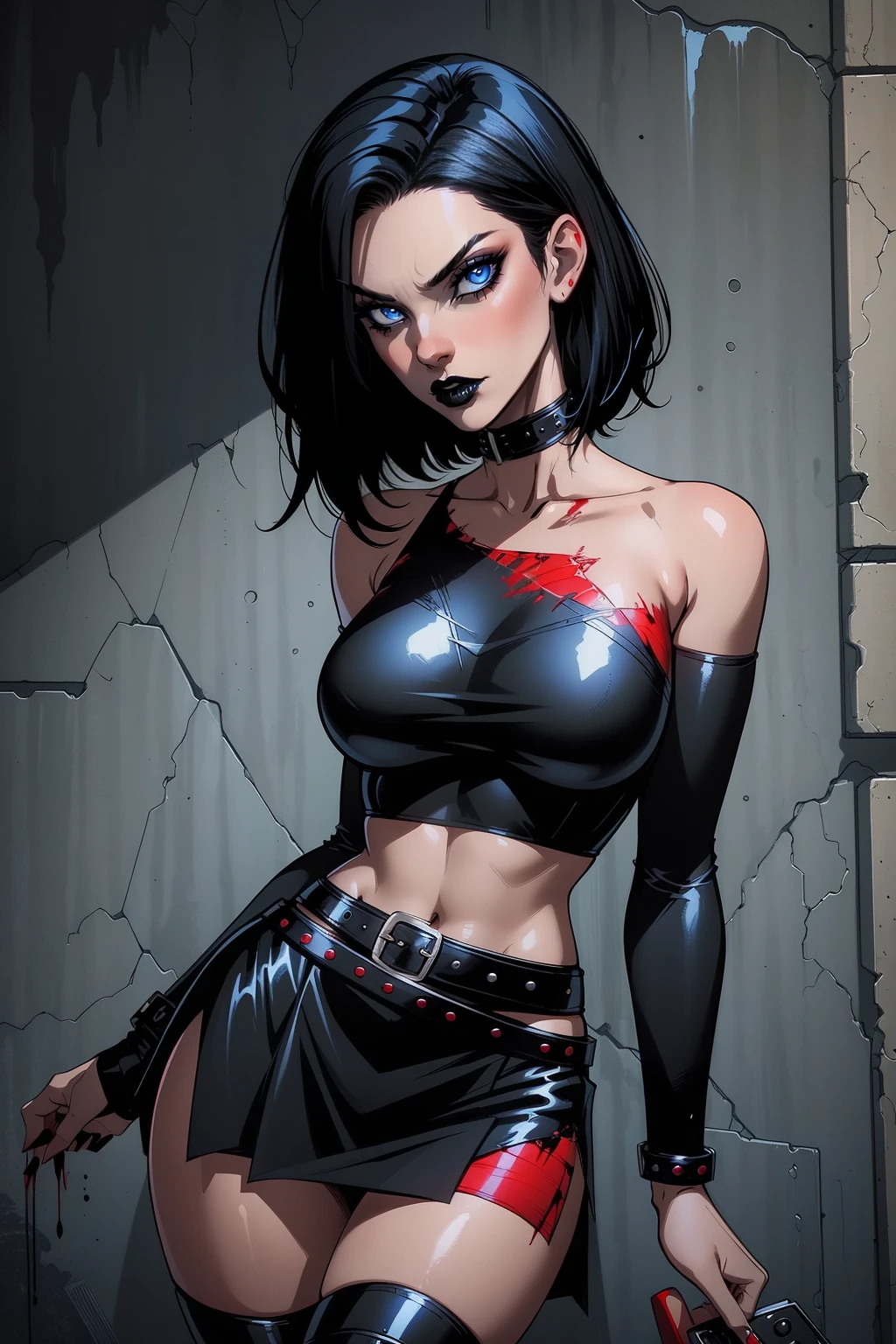 a woman with short black hair, hair on shoulders, wearing a black cropped and plaid skirt, blue eyes, zombie art, gothic art, cute aesthetic with vibe, toon aesthetic, wearing red costume, wearing gothic accessories, look like Cassie Hack, portrait