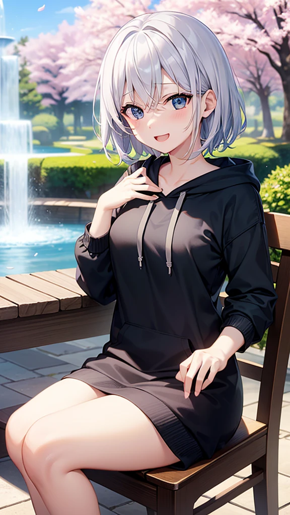 (masutepiece: 1.2, Best Quality), 1 Lady, Solo, silber hair,Shoulder out,Very short hair, long bangs between eyes, blue eyess,Black eyes, Hoodie,White hair, Silver hair, Hoodie, White hoodie、blue-sky、fountain in the forest、flower  field、cherry blossoms falling、sit a chair、A smile、open open mouth、5 fingers