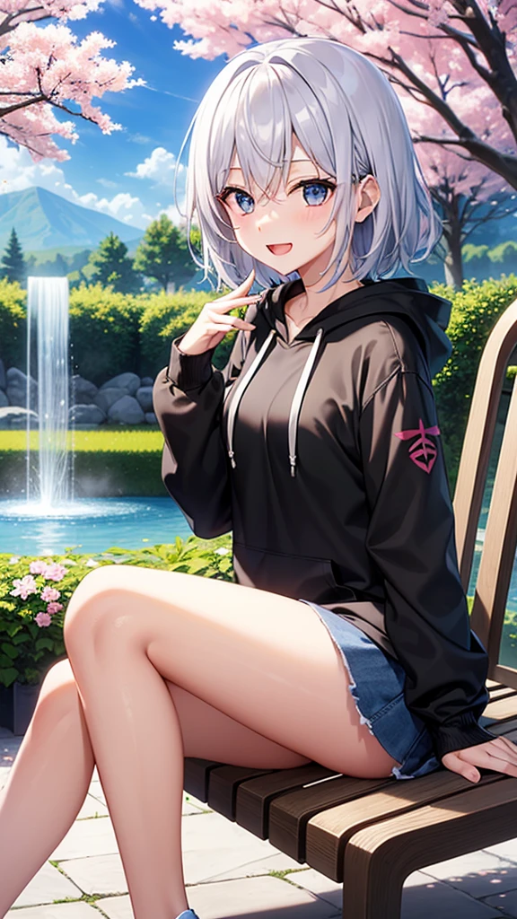 (masutepiece: 1.2, Best Quality), 1 Lady, Solo, silber hair,Shoulder out,Very short hair, long bangs between eyes, blue eyess,Black eyes, Hoodie,White hair, Silver hair, Hoodie, White hoodie、blue-sky、fountain in the forest、flower field、cherry blossoms falling、sit a chair、A smile、open open mouth、5 fingers