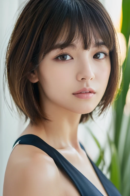 ((Top Quality, 8k, Masterpiece: 1.3)), 1 Woman, Slender Swimsuit Highlighted Beautiful Girl: 1.3, (Short Hairstyle, Big: 1.2), Plain Clothes: 1.2, Indoors, Ultra Detailed Face, Detailed Eyes, Double Eyelids