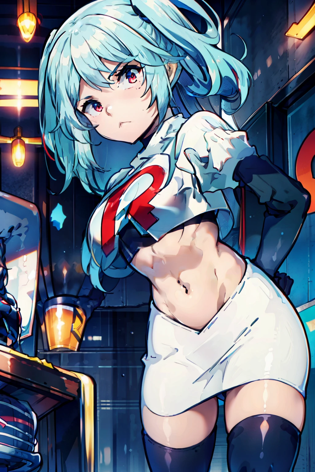 disqust, team rocket,team rocket uniform,white skirt,red letter R,crop top,black thigh-highs,black elbow gloves,
