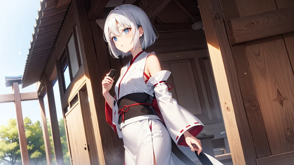 (masutepiece: 1.2, Best Quality), 1 Lady, Solo, silber hair,Shoulder out,Very short hair, long bangs between eyes, blue eyess,Black eyes,,White hair, Silver hair, shrine maiden clothe、shrines、