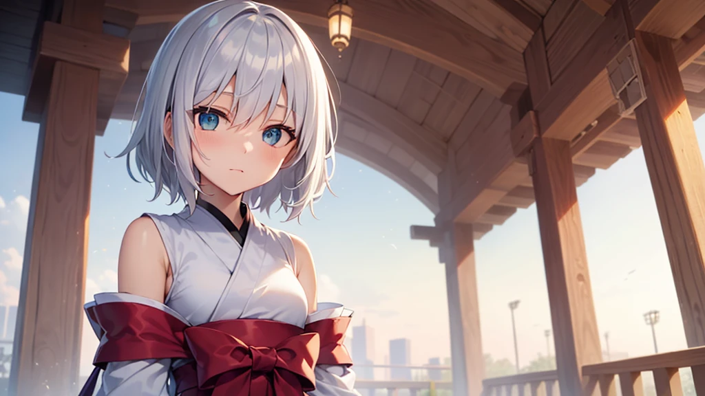 (masutepiece: 1.2, Best Quality), 1 Lady, Solo, silber hair,Shoulder out,Very short hair, long bangs between eyes, blue eyess,Black eyes,,White hair, Silver hair, shrine maiden clothe、shrines、