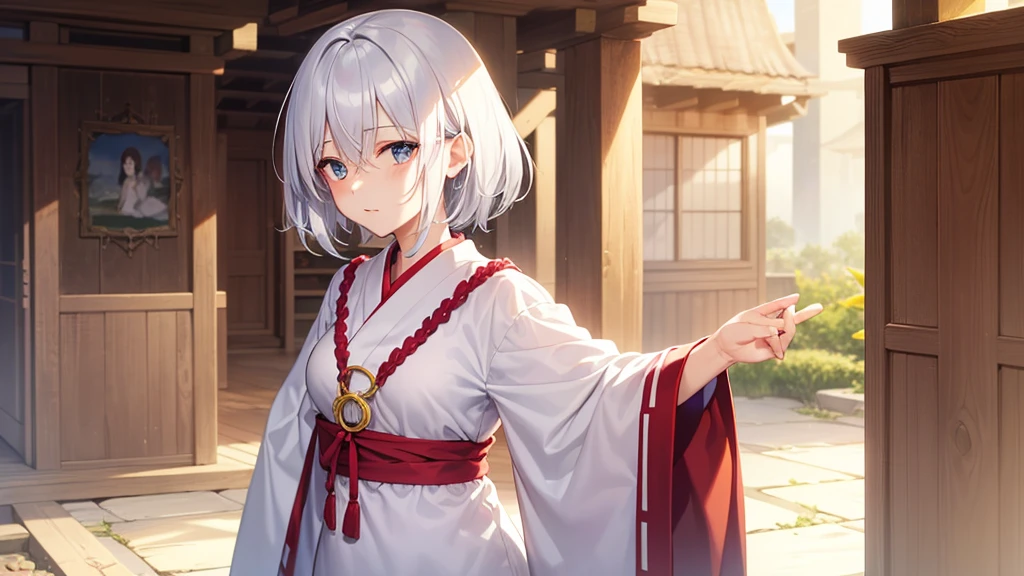 (masutepiece: 1.2, Best Quality), 1 Lady, Solo, silber hair,Shoulder out,Very short hair, long bangs between eyes, blue eyess,Black eyes,,White hair, Silver hair, shrine maiden clothe、shrines、
