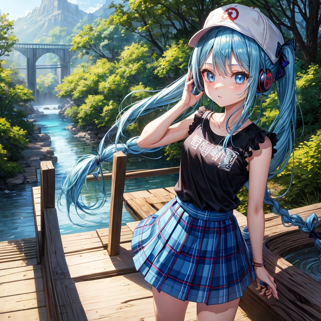 Blue hair、blue eyess、Braids、poneyTail、one good looking girl、独奏、animesque、Plaid miniskirt、Black T-shirt、camisole、the woods、Walking、Wearing a plaid baseball cap、bare-legged、Tilting your face、log bridge、Doing the ribbon、have a twig、falls、Blue Topaz、Sunset sky、Wearing headphones、spiraling staircase