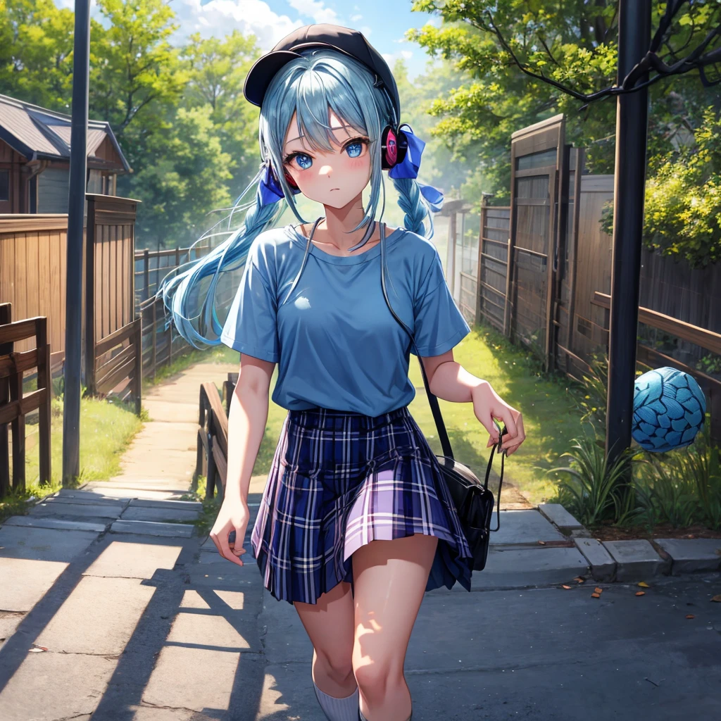 Blue hair、blue eyess、Braids、poneyTail、one good looking girl、独奏、animesque、Plaid miniskirt、Black T-shirt、camisole、the woods、Walking、Wearing a plaid baseball cap、bare-legged、Tilting your face、log bridge、Doing the ribbon、have a twig、falls、Blue Topaz、Sunset sky、Wearing headphones、spiraling staircase