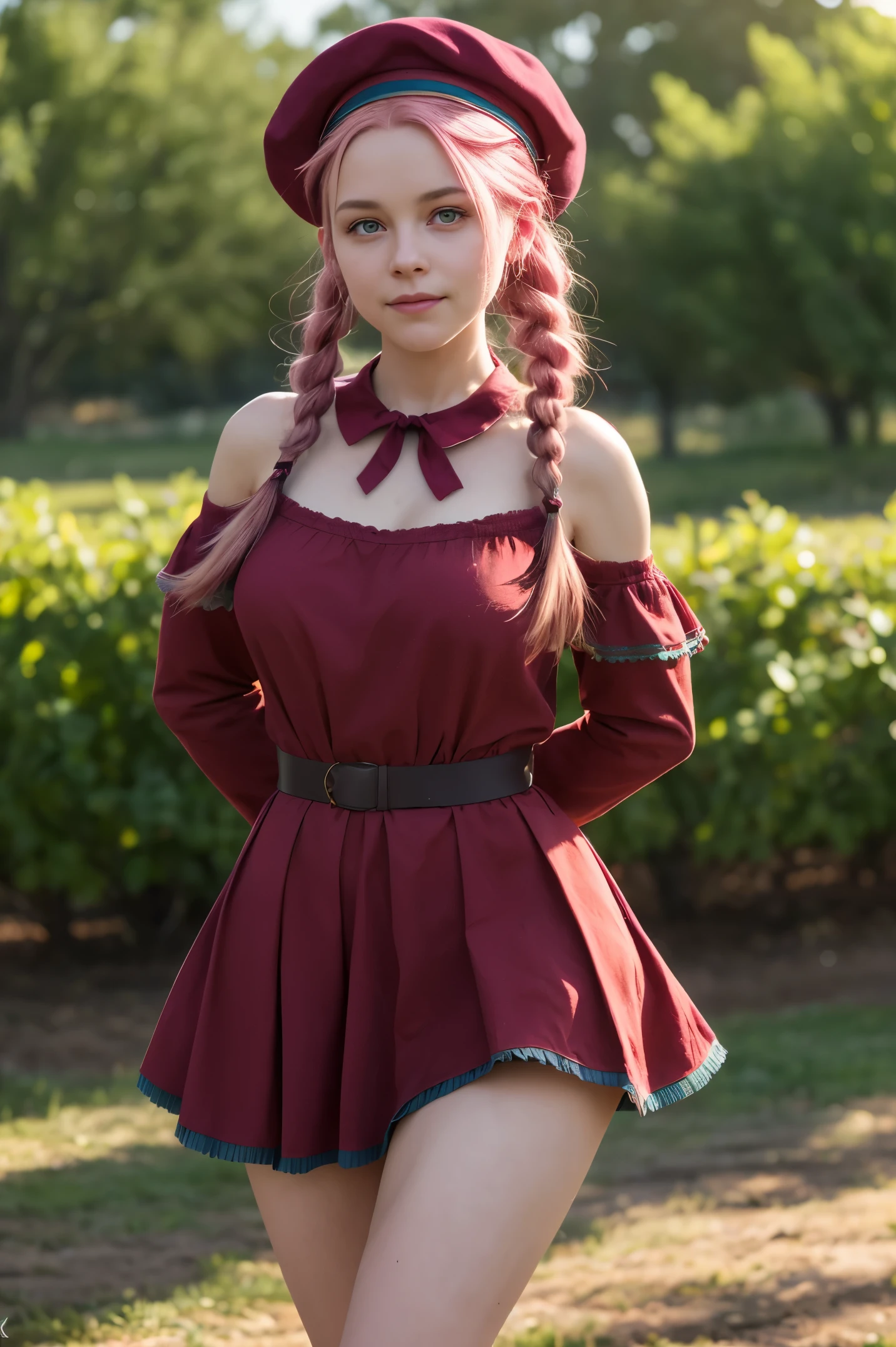 15, female, bloodtype: O, 6.45 (11), adolescent, alchemy, beret, braids, green eyes, pink hair, shoulder-length hair, zettai ryouiki Uma linda mulher europeia introvertida usando um vestido curto e leve, perna, Rosto de alto detalhe, pele de alto detalhe, medium size breasts, 8k, HDR, high resolution, photo-realistic, Cinematic lighting, profundidade de campo, Bokeh, Rim lighting, retroiluminado, cores frias, Noite