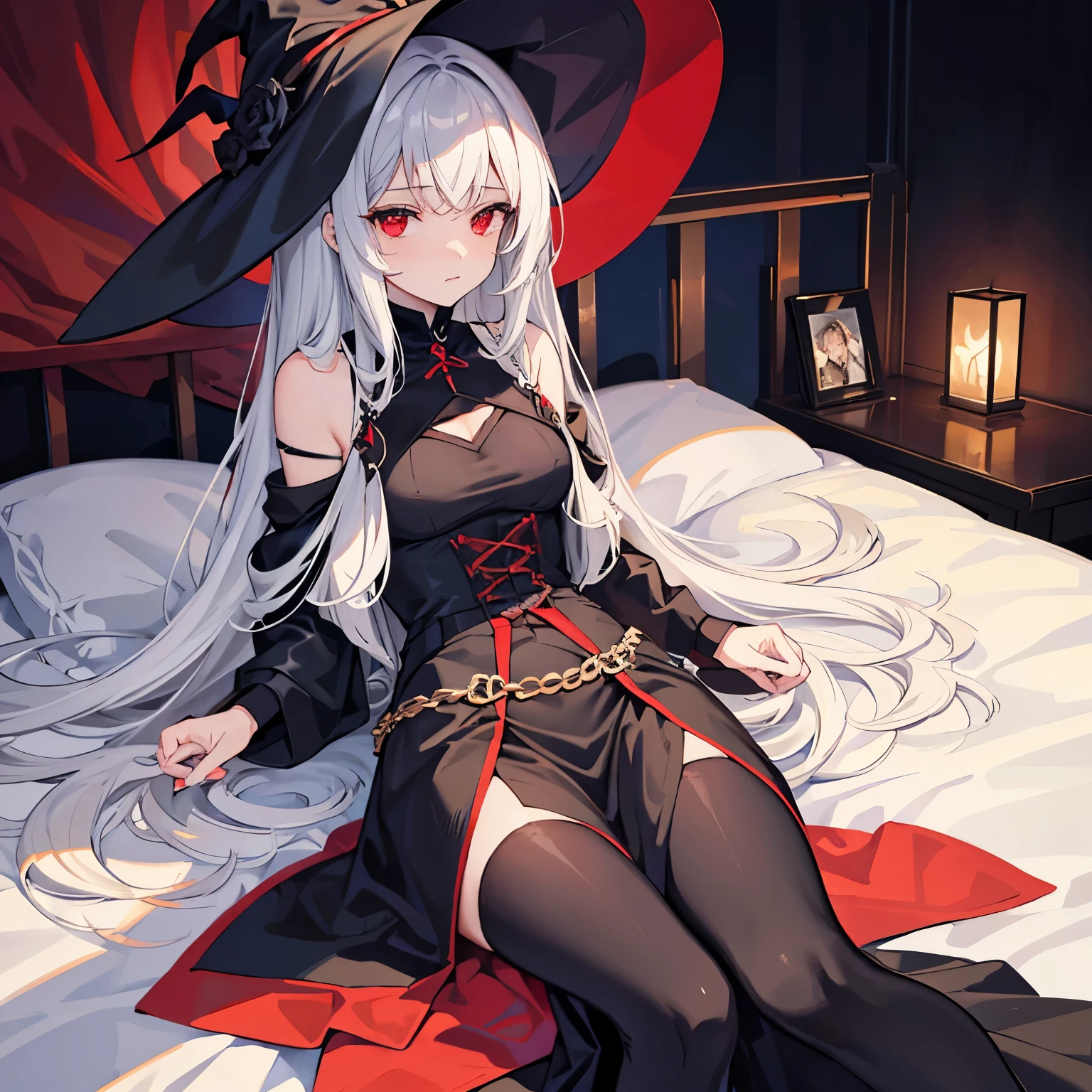 beautiful female witch, cabelos preto e longos, red eyes, Wearing witch's clothes,Lie down in bed, the shy,Wear black stockings